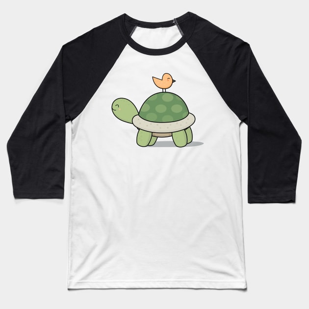 Kawaii Cute Tortoise and Bird Baseball T-Shirt by wordsberry